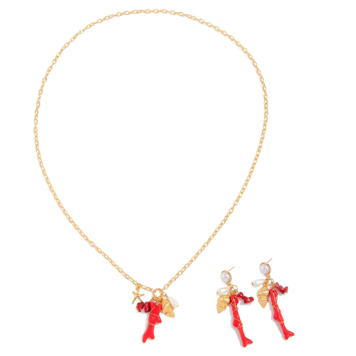 Ocean Style Metal Red Coral Conch Pendant Long Necklace With Imitation Pearl Starfish Chain Electroplated For Women - Image 5