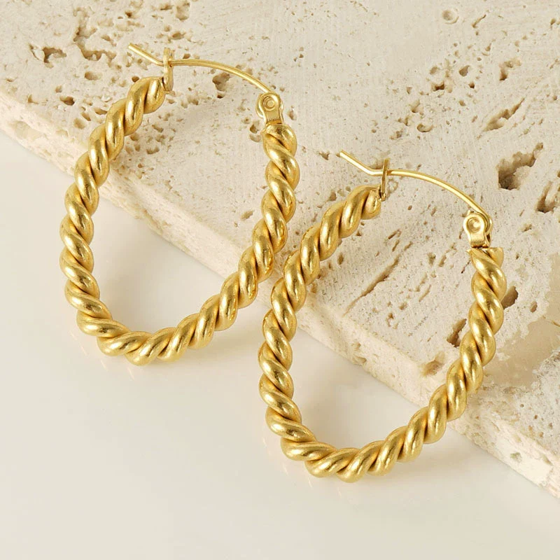Oval Twist 316L Stainless Steel Women's Retro Geometric Earrings 18K Gold Plated Electroplated - Image 4