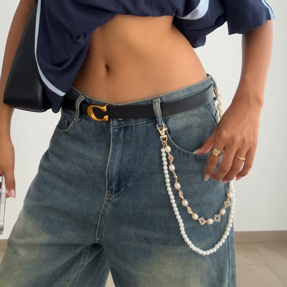 Pants Chain Hip Hop Style Imitation Pearl Floret Metal Chain With Cross Pendant And Lobster Clasp - Image 17