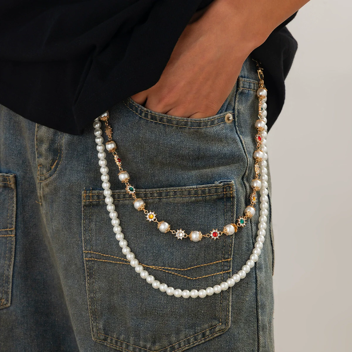 Pants Chain Hip Hop Style Imitation Pearl Floret Metal Chain With Cross Pendant And Lobster Clasp - Image 2