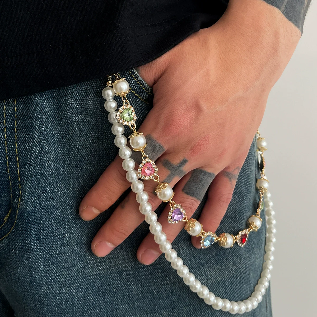 Pants Chain Hip Hop Style Imitation Pearl Floret Metal Chain With Cross Pendant And Lobster Clasp - Image 4