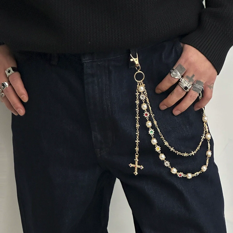 Pants Chain Hip Hop Style Imitation Pearl Floret Metal Chain With Cross Pendant And Lobster Clasp - Image 6