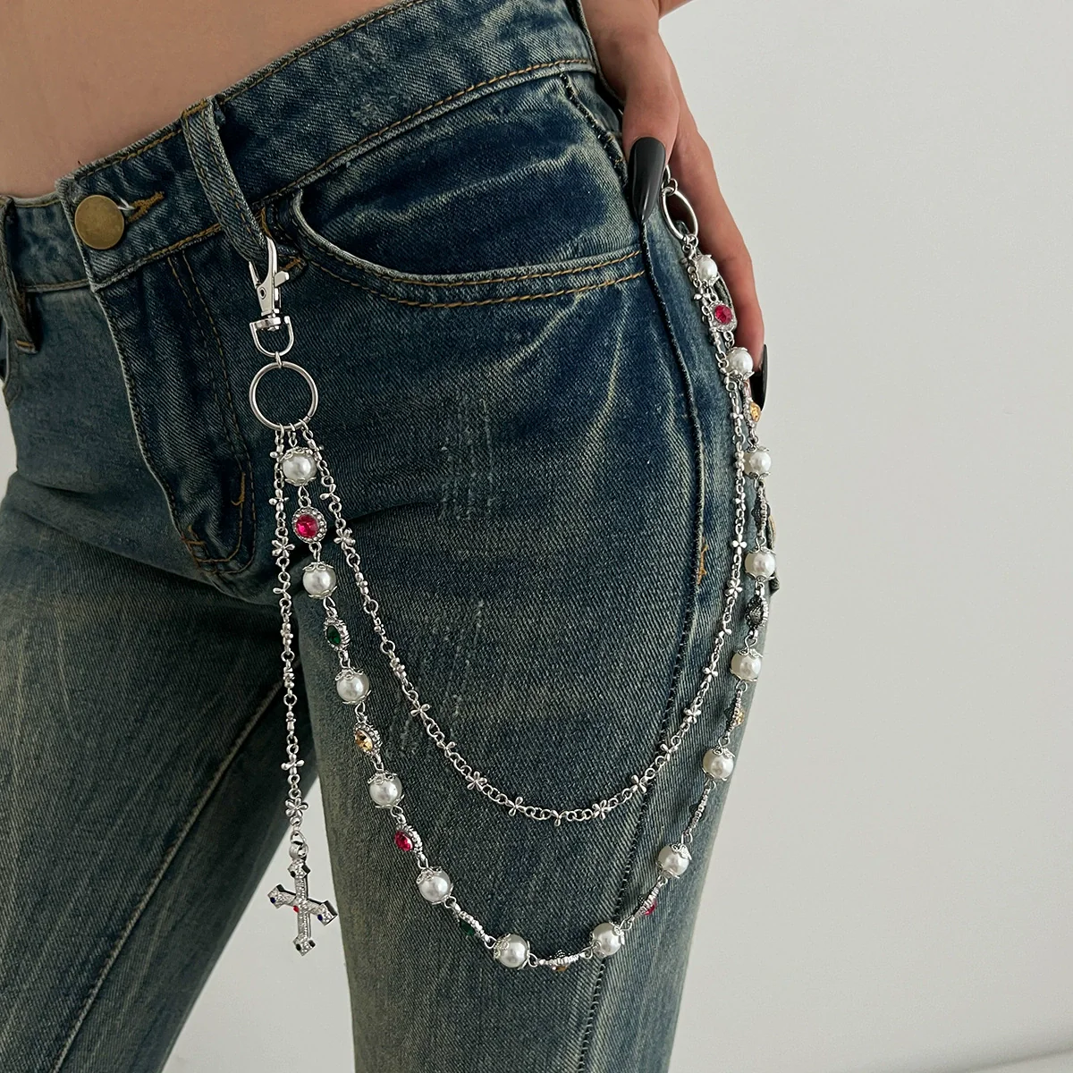 Pants Chain Hip Hop Style Imitation Pearl Floret Metal Chain With Cross Pendant And Lobster Clasp - Image 9