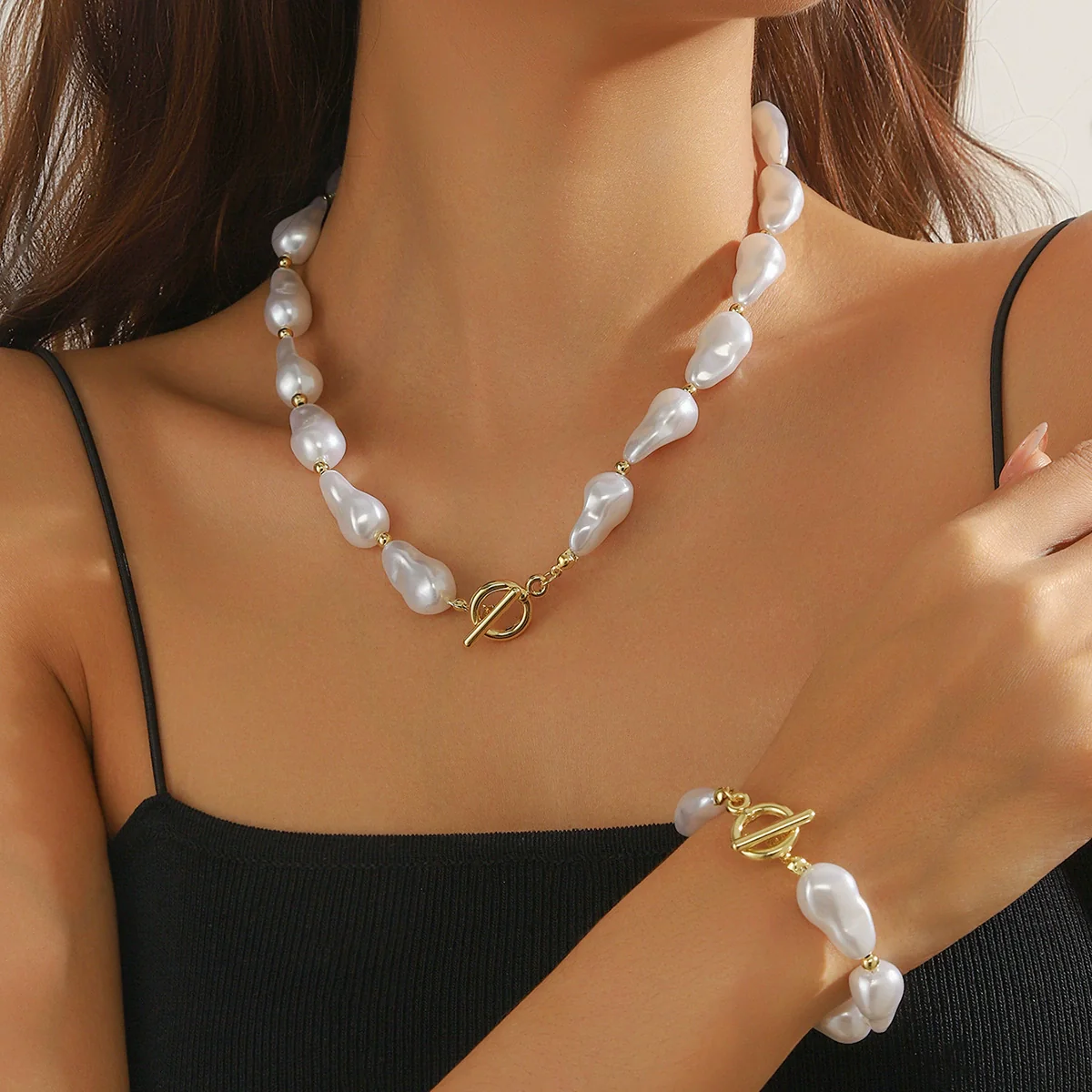 Pearl Alloy Jewelry With Starfish Shell And Marine Organisms Pattern Necklace Bracelet Set For Women Electroplated - Image 3