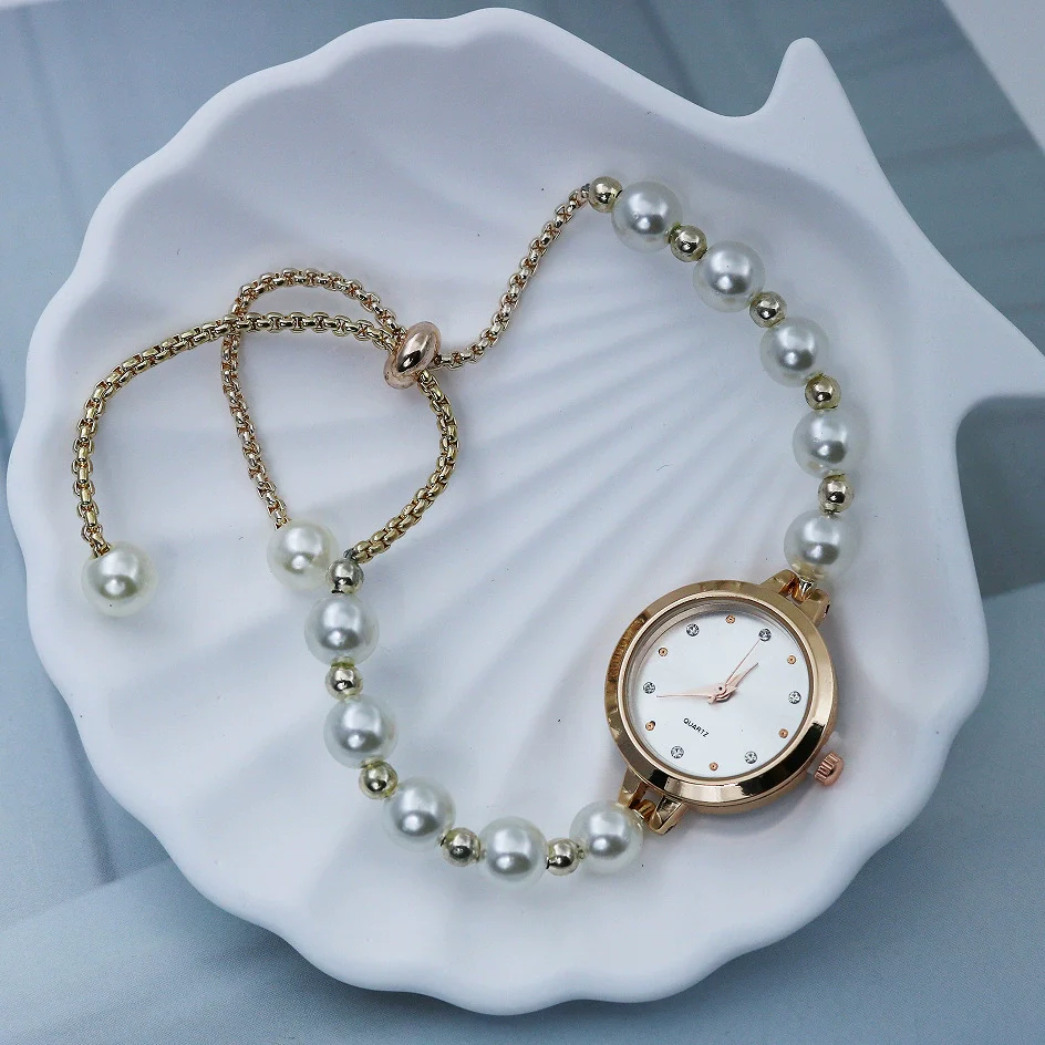 Pearl Alloy Women's Round Dial Fashionable Bracelet Watch With Spiral Crown And Stainless Steel Onepiece Buckle - Image 2