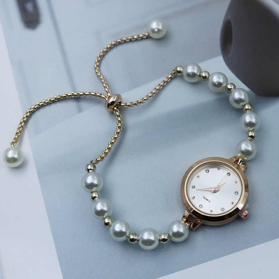 Pearl Alloy Women's Round Dial Fashionable Bracelet Watch With Spiral Crown And Stainless Steel Onepiece Buckle - Image 3