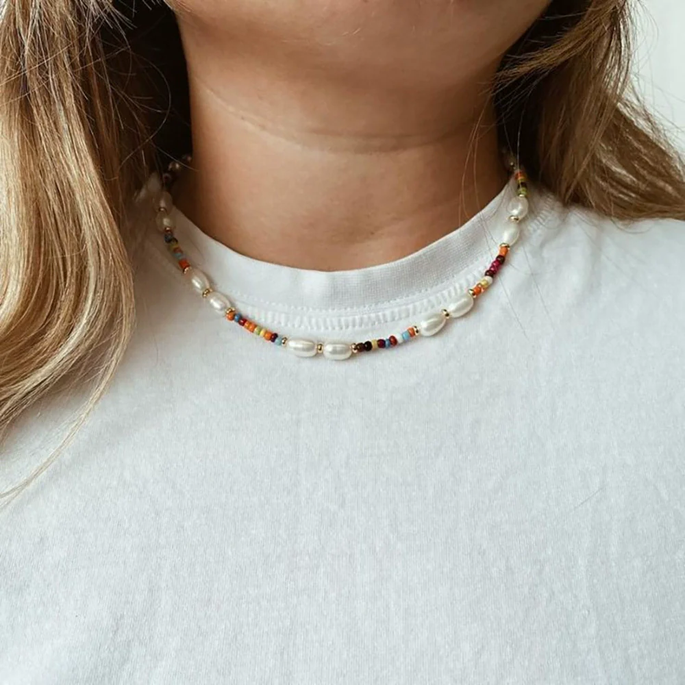 Pearl And Organic Glass Handwoven Geometric Ball Chain Clavicle Necklace For Girls