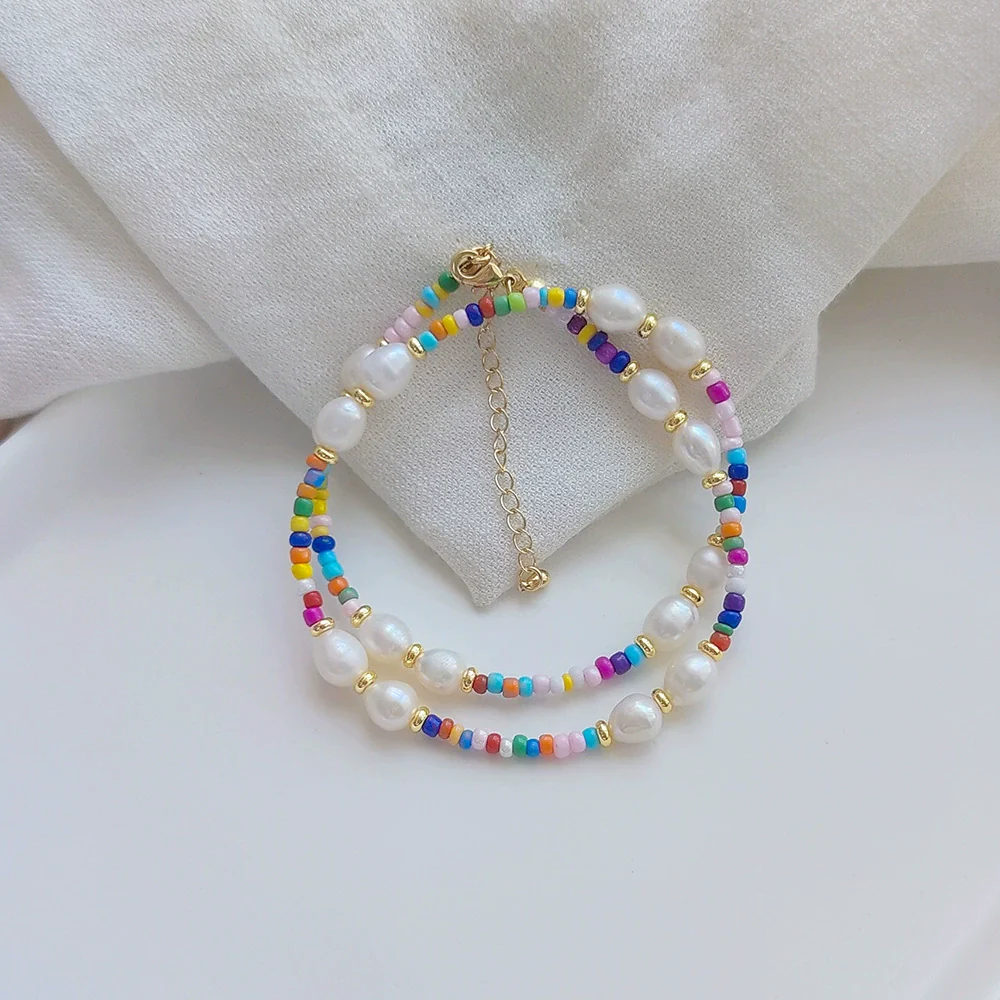 Pearl And Organic Glass Handwoven Geometric Ball Chain Clavicle Necklace For Girls - Image 3