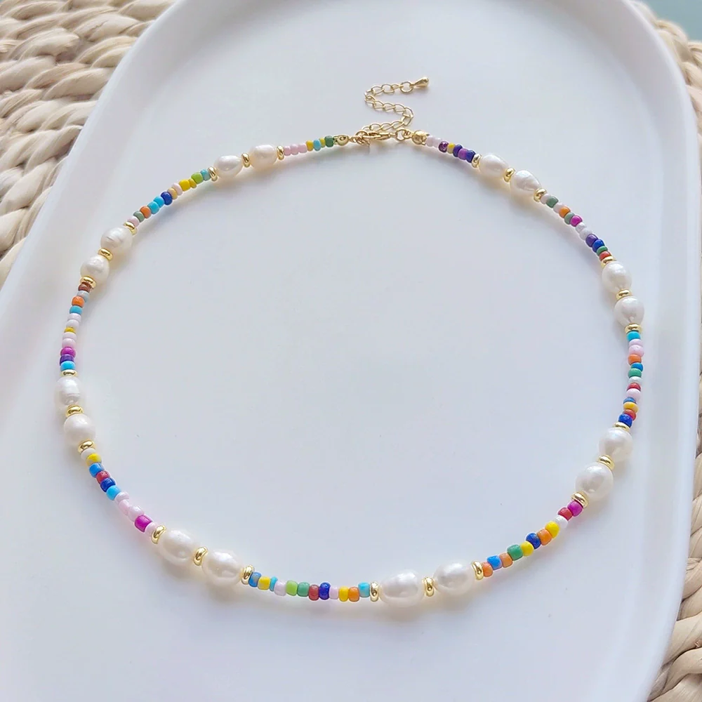 Pearl And Organic Glass Handwoven Geometric Ball Chain Clavicle Necklace For Girls - Image 4