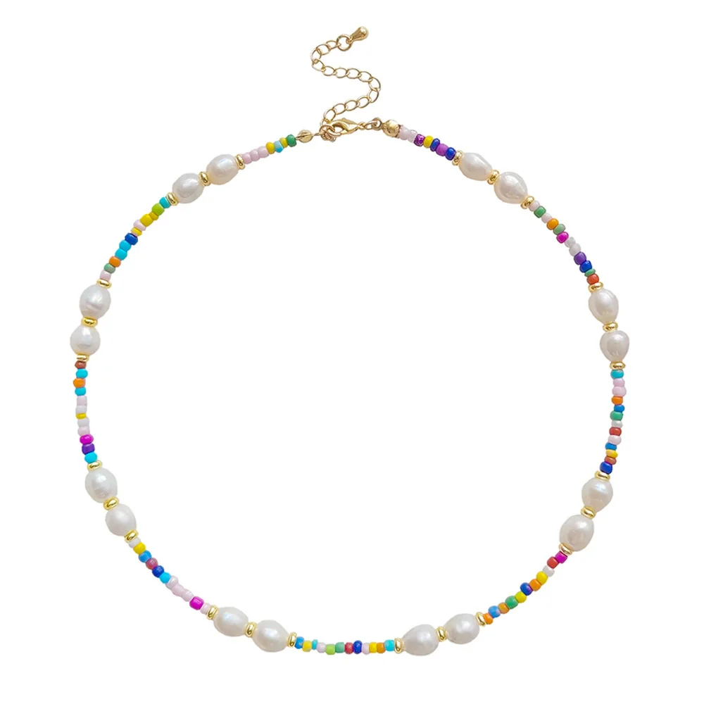 Pearl And Organic Glass Handwoven Geometric Ball Chain Clavicle Necklace For Girls - Image 5