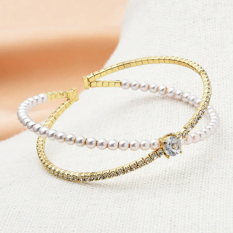 Pearl And Titanium Steel Double Layer Diamond Bracelet Fashionable Light Luxury Niche Jewelry For Women - Image 8