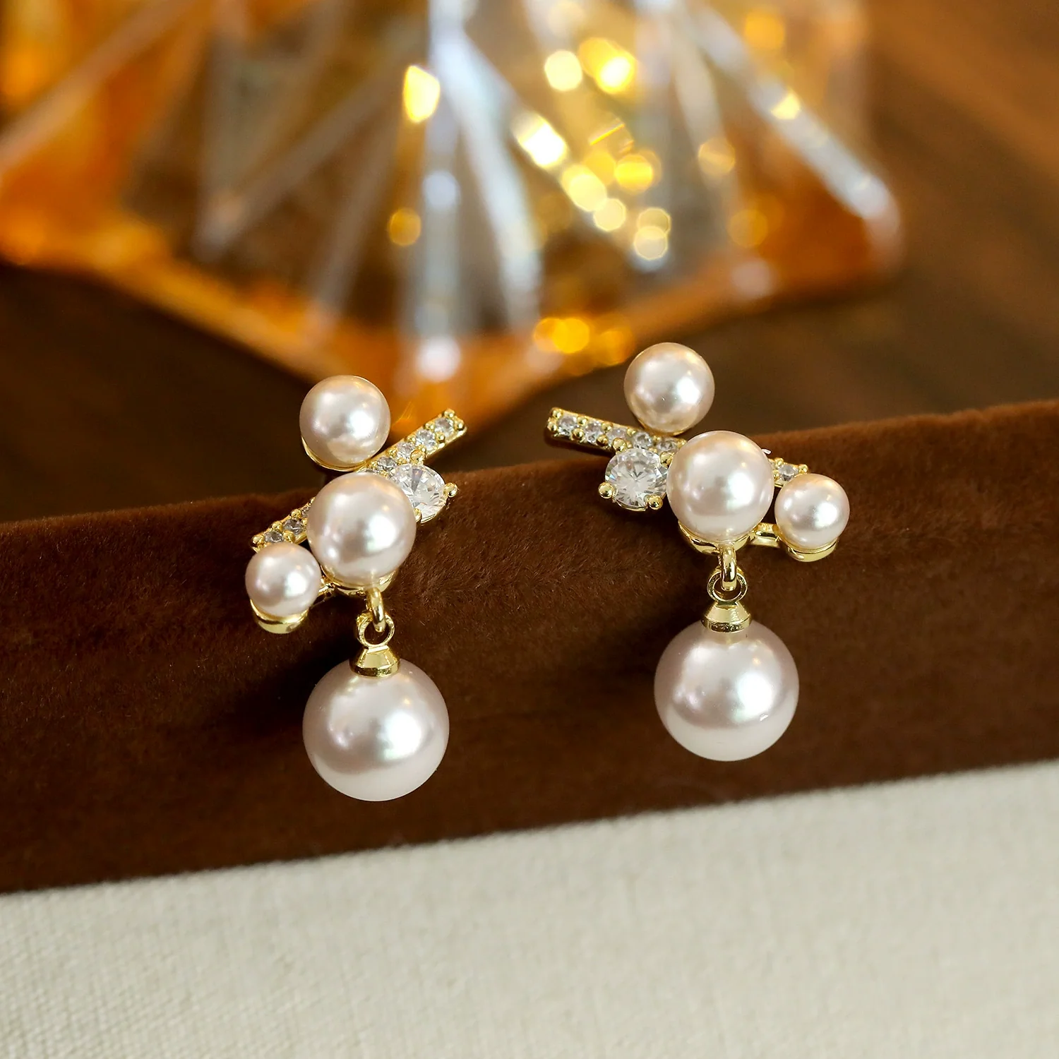 Pearl And Zircon Earrings For Women Copper Material Geometric Style Electroplated