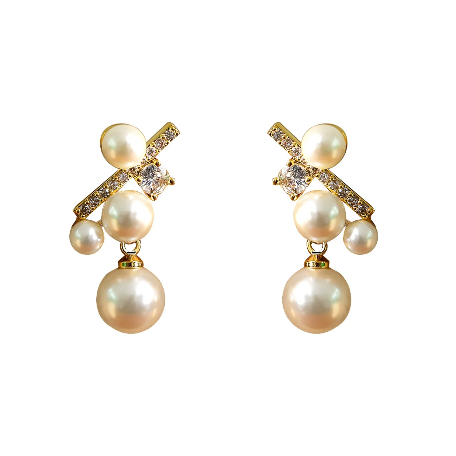 Pearl And Zircon Earrings For Women Copper Material Geometric Style Electroplated - Image 5