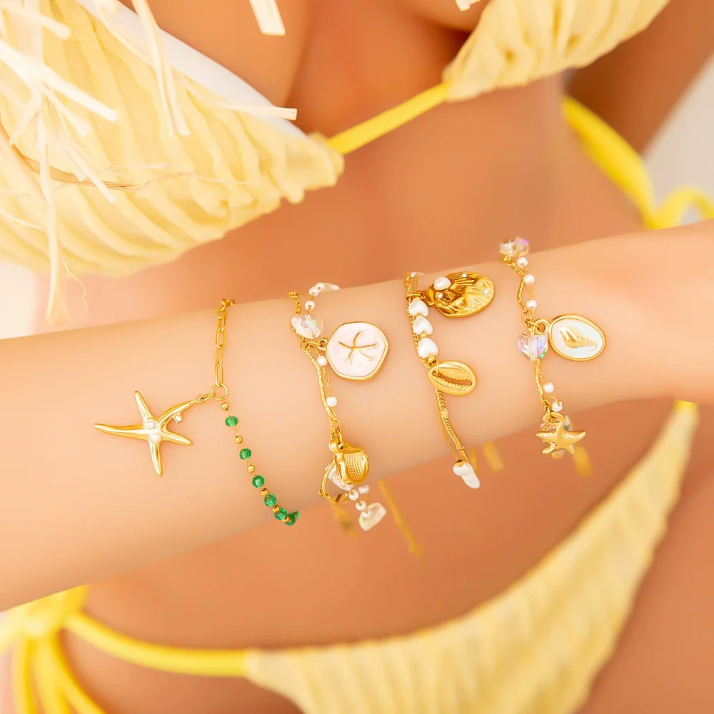 Pearl Bracelet Stainless Steel Titanium Steel Geometric Starfish Shell Pendant Electroplating Light Luxury Fashion Minimalist Jewelry For Women And Unisex - Image 2