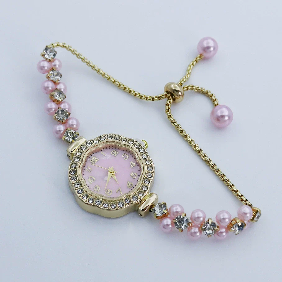 Pearl Diamond Alloy Women's Fashion Bracelet Watch With Digital Fritillaria Dial And Spiral Crown - Image 6