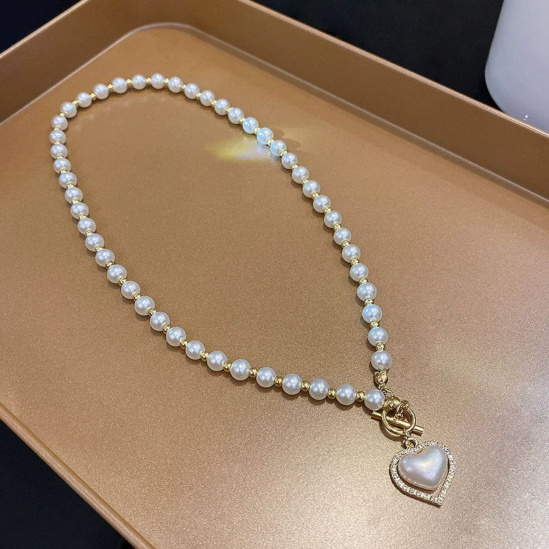 Pearl Heart Vintage French Style Beaded Clavicle Necklace With Electroplating - Image 2