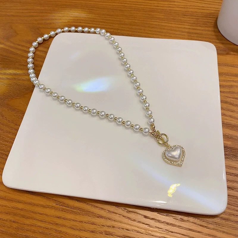 Pearl Heart Vintage French Style Beaded Clavicle Necklace With Electroplating - Image 6