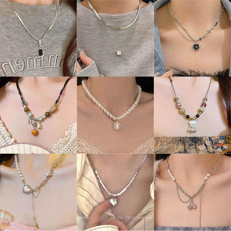 Pearl Necklace Alloy Metal Electroplated Heart Bow Geometric Style Women's Titanium Steel Jewelry - Image 2