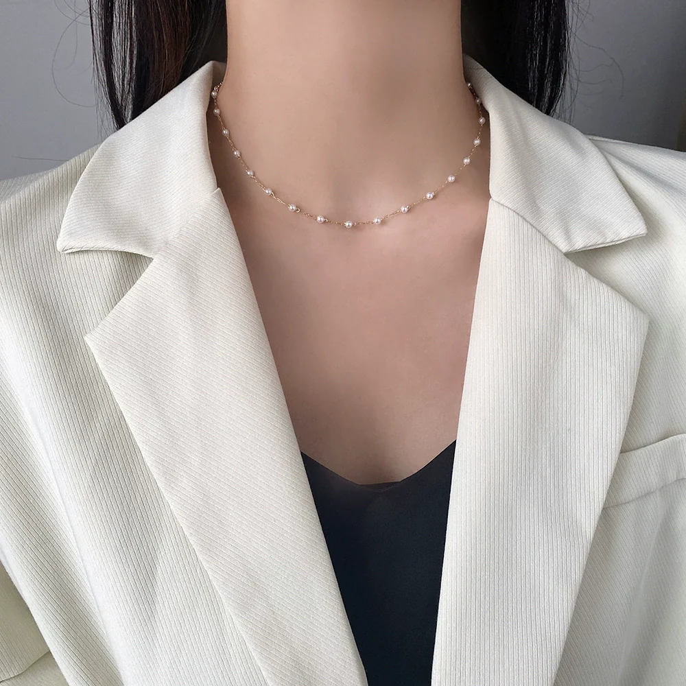 Pearl Necklace Copper Snake Bone Chain Geometric Fashion Style - Image 3