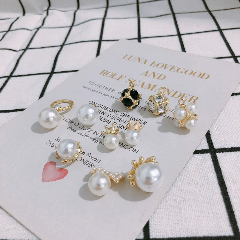 Pearl Rhinestone Metal Electroplated Pendant Crown Bow Earrings Necklace Accessories Handmade - Image 2