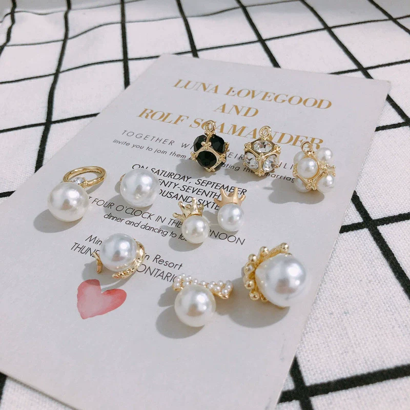 Pearl Rhinestone Metal Electroplated Pendant Crown Bow Earrings Necklace Accessories Handmade - Image 4