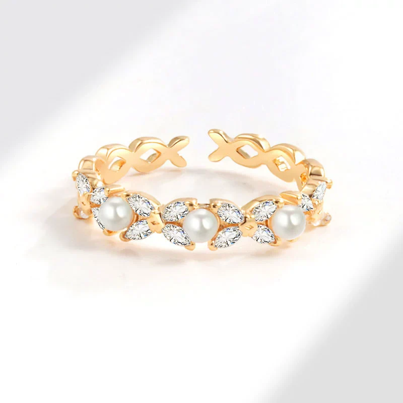 Pearl Ring Copper Geometric Style Electroplated For Women - Image 3
