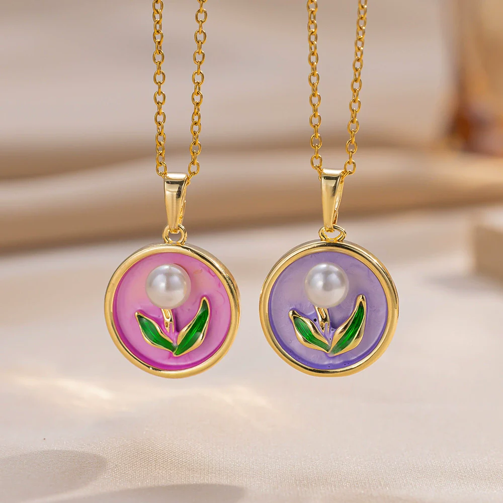 Pendant Accessories French Retro Imitation Pearl Oil Drop Light Luxury Enamel Painted Flower Copper Titanium Steel Electroplated O Word Chain
