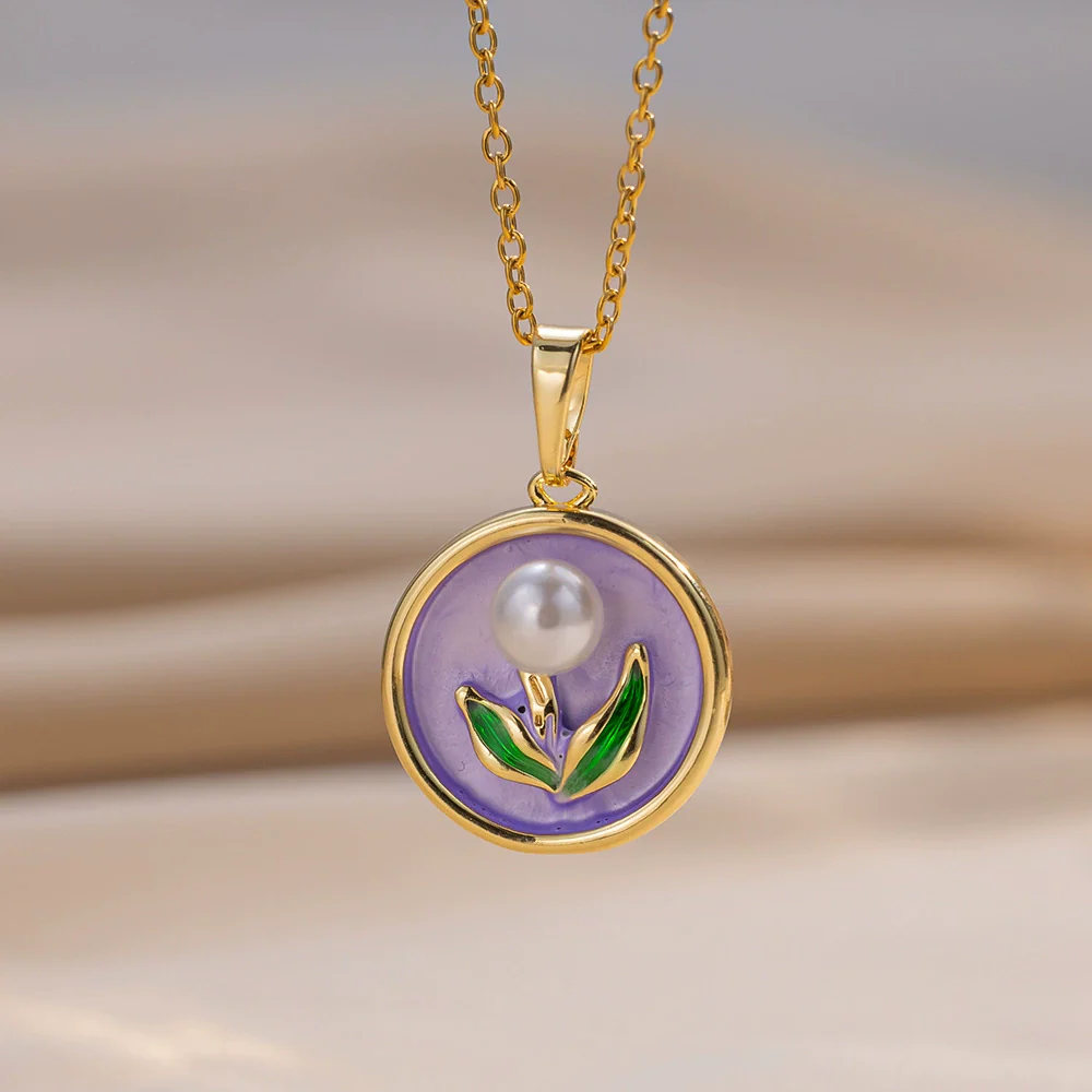 Pendant Accessories French Retro Imitation Pearl Oil Drop Light Luxury Enamel Painted Flower Copper Titanium Steel Electroplated O Word Chain - Image 7