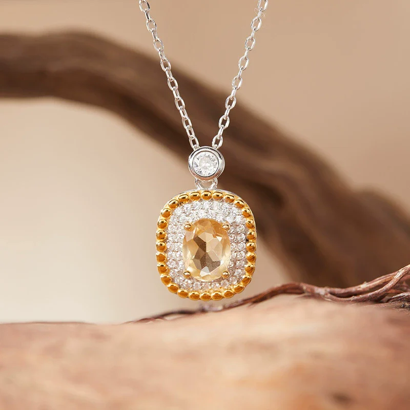 Pendant Clavicle Necklace Natural Color Treasure Topaz Etothyst S925 Sterling Silver Geometric Style Set With Gems - Image 3