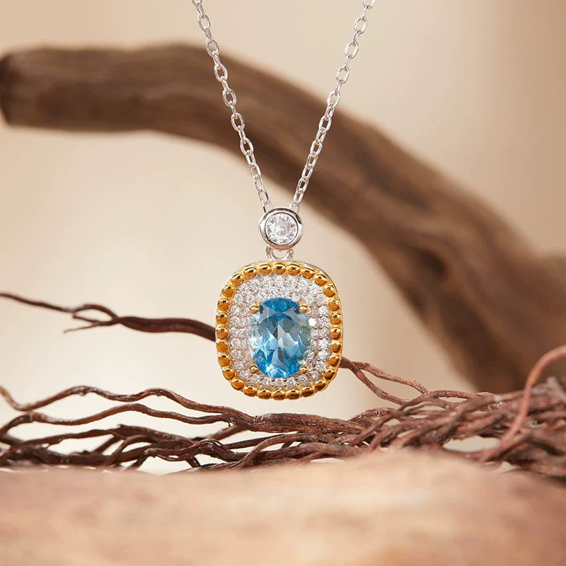 Pendant Clavicle Necklace Natural Color Treasure Topaz Etothyst S925 Sterling Silver Geometric Style Set With Gems - Image 8