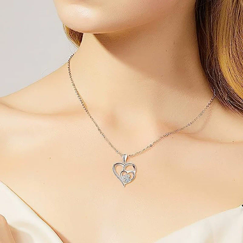 Pendant Jewelry Copper Double Peach Heart Shape With Cat Claw Pattern Inlaid Zircon For Women - Image 3