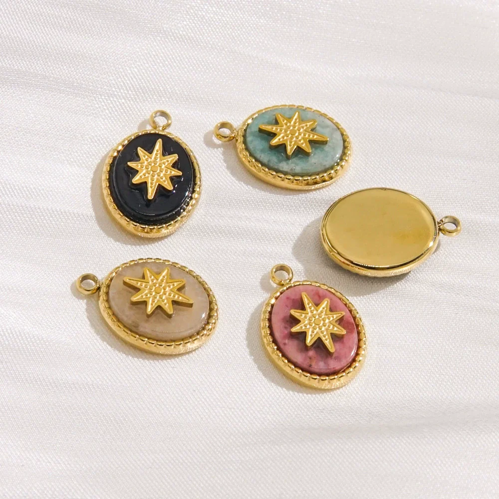 Pendant Jewelry Retro Style Geometric Oval Stainless Steel Natural Stone Inlay - Image 3