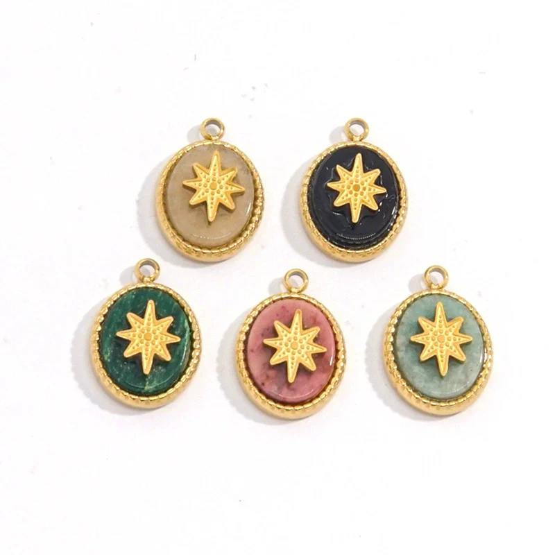 Pendant Jewelry Retro Style Geometric Oval Stainless Steel Natural Stone Inlay - Image 5