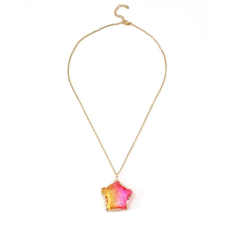 Pendant Necklace Alloy Crystal Color Fluorite Fivepointed Star Stainless Steel O Subchain Environmentally Friendly Women's - Image 3