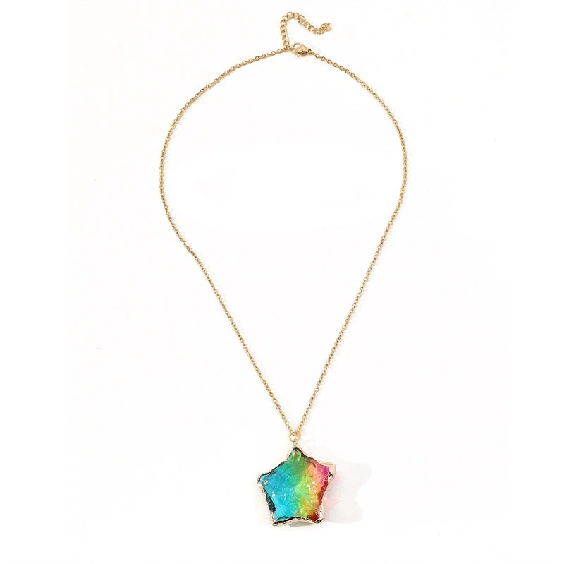 Pendant Necklace Alloy Crystal Color Fluorite Fivepointed Star Stainless Steel O Subchain Environmentally Friendly Women's - Image 5