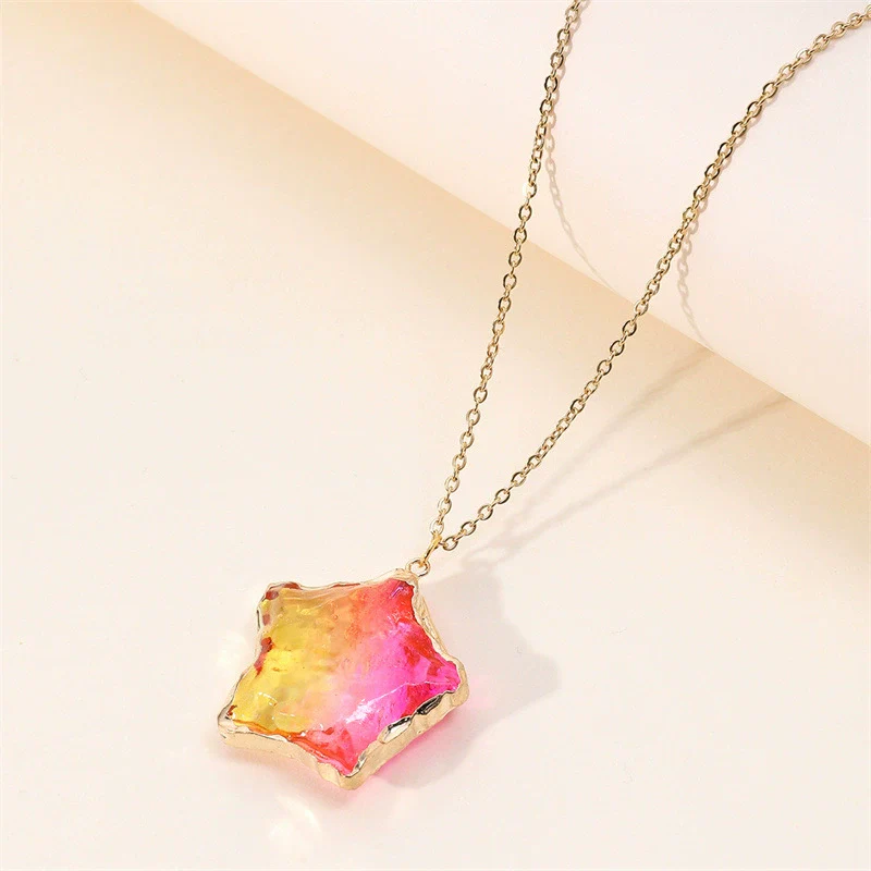 Pendant Necklace Alloy Crystal Color Fluorite Fivepointed Star Stainless Steel O Subchain Environmentally Friendly Women's - Image 6