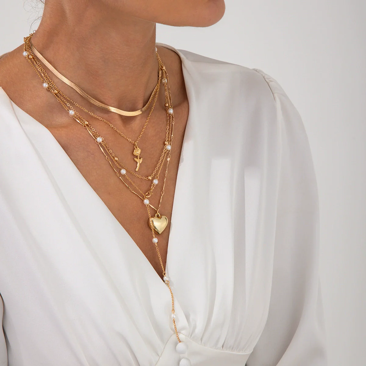 Pendant Necklace Alloy Imitation Pearl Tassel Snake Bone Chain Geometric Pattern Electroplating - Image 3
