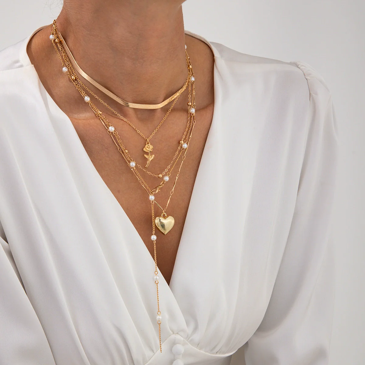 Pendant Necklace Alloy Imitation Pearl Tassel Snake Bone Chain Geometric Pattern Electroplating - Image 6