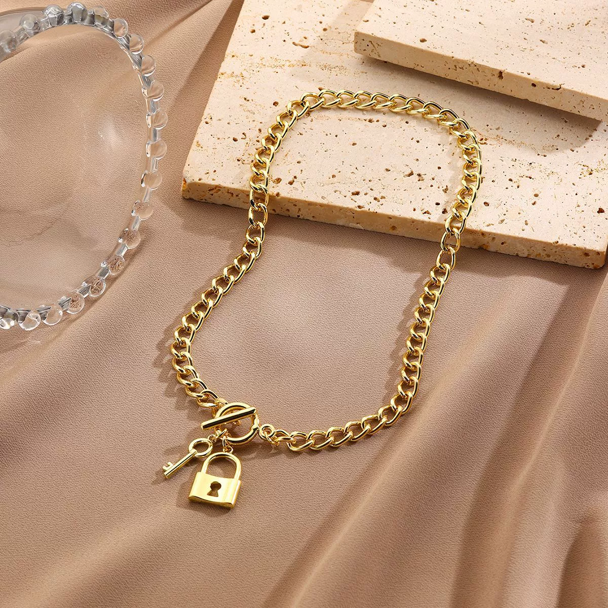 Pendant Necklace Alloy Ochain Heart Geometric Simple Punk Electroplating Lock Key Style For Women - Image 2