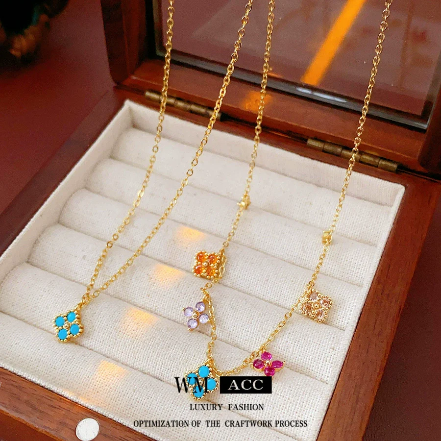 Pendant Necklace Copper 225 Silver Real Gold Electroplated Zirconia Retro Flower Style Clavicle Chain For Women - Image 3