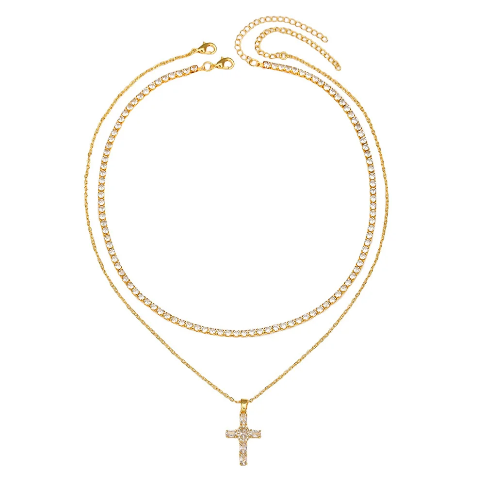 Pendant Necklace Copper Inlaid With Zircon Geometric Electroplating Doublelayer Stacked Chain - Image 4