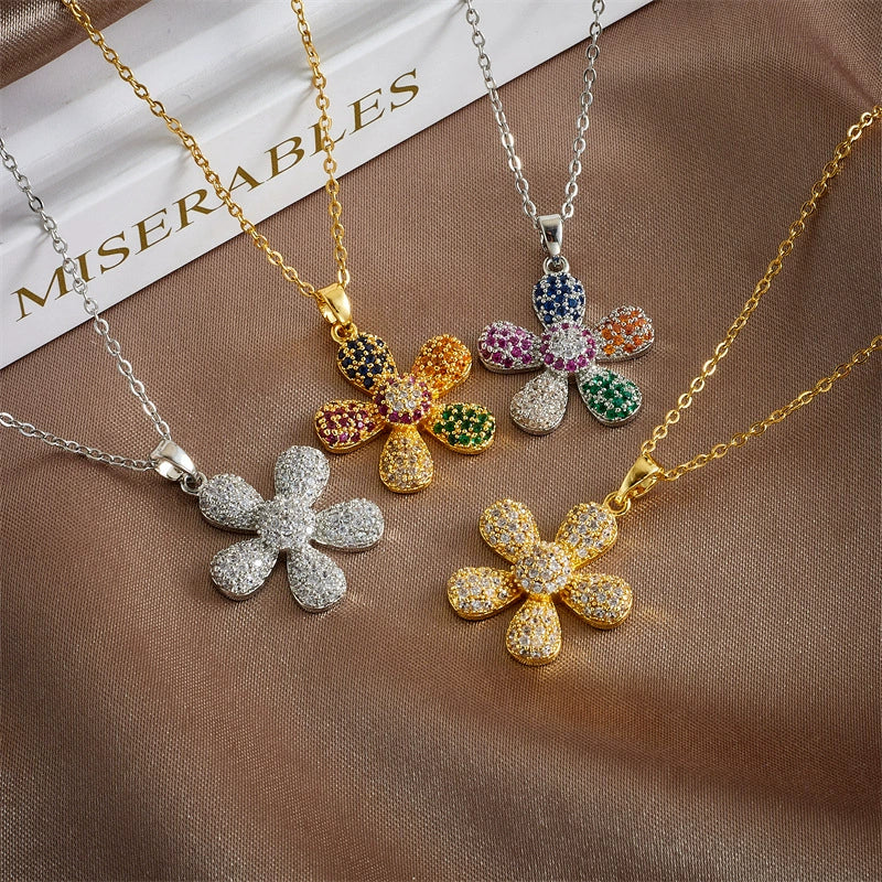 Pendant Necklace Copper Mixed Gem Inlay Electroplating Sunflower Leaves Light Luxury Style For Women