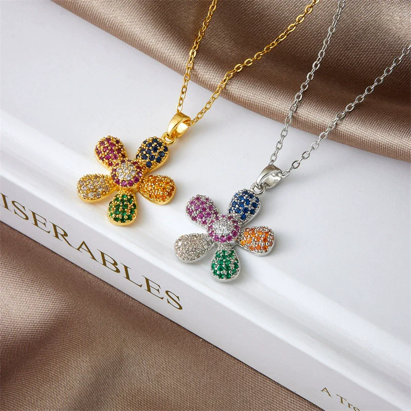 Pendant Necklace Copper Mixed Gem Inlay Electroplating Sunflower Leaves Light Luxury Style For Women - Image 2