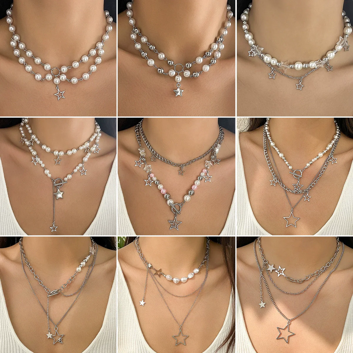 Pendant Necklace Hip Hop Star Shape Geometric Imitation Pearl Metal Zinc Alloy Iron Electroplating Ball Chain