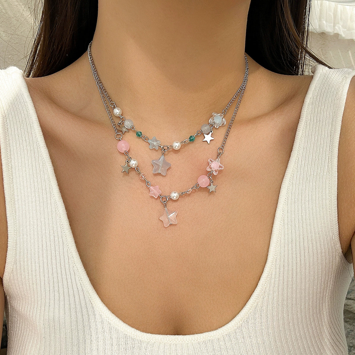 Pendant Necklace Hip Hop Star Shape Geometric Imitation Pearl Metal Zinc Alloy Iron Electroplating Ball Chain - Image 2