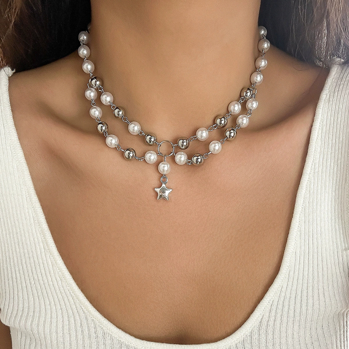Pendant Necklace Hip Hop Star Shape Geometric Imitation Pearl Metal Zinc Alloy Iron Electroplating Ball Chain - Image 6