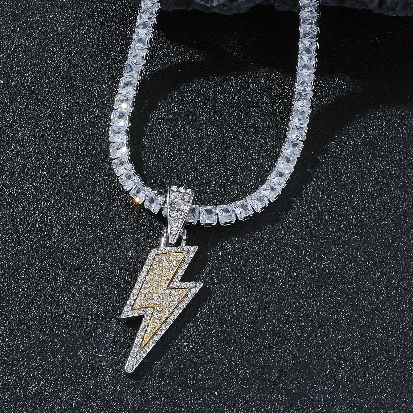 Pendant Necklace Hiphop Disco Lightning Style Copper Alloy With Diamond Geometric Design For Men And Women