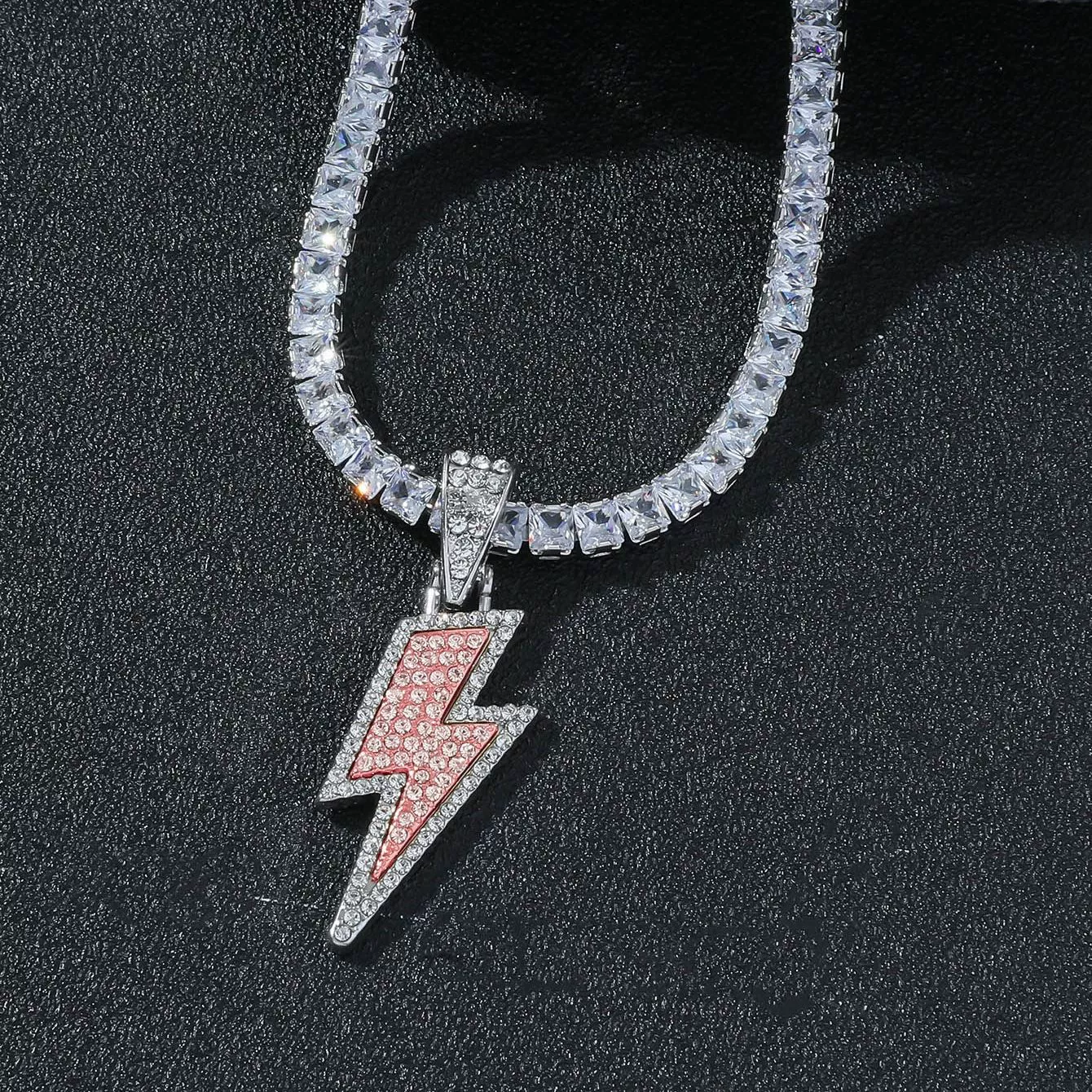 Pendant Necklace Hiphop Disco Lightning Style Copper Alloy With Diamond Geometric Design For Men And Women - Image 10
