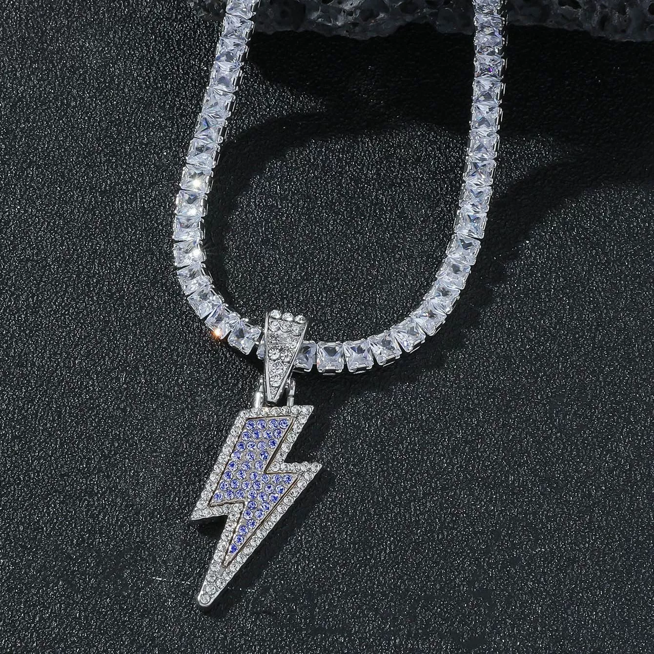 Pendant Necklace Hiphop Disco Lightning Style Copper Alloy With Diamond Geometric Design For Men And Women - Image 11
