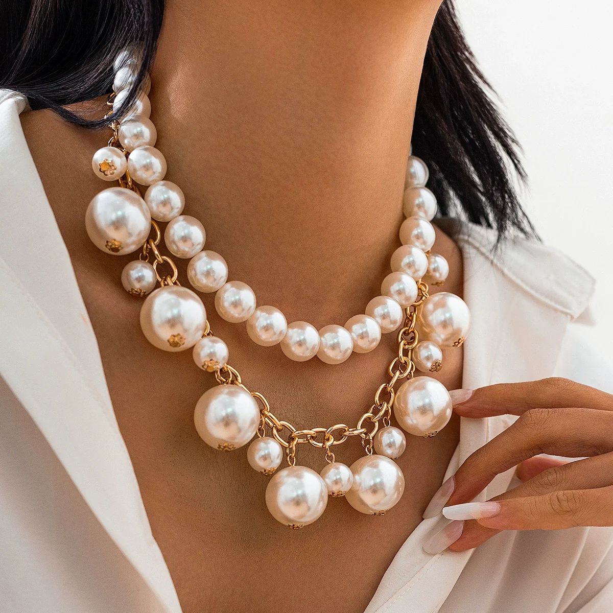 Pendant Necklace Imitation Pearl Aluminum Chain Alloy Electroplated Geometric Style Women's - Image 6